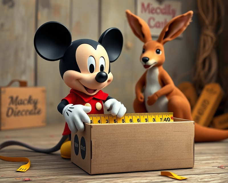 tape measure, mickey mouse, box, kangaroo